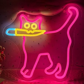 Cautiously Cat Neon Signs, Funny Cat With Knife Neon Light for Wall Decor, Dimmable Animal Sign for Restaurant Kitchen Kid Room Pet Shop Bedroom Home Party Decor (Magenta)