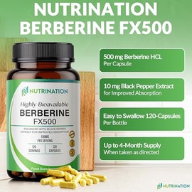 Berberine high Strength Supplement-510Mg Per Capsule- 4 Months Supply -120 Vegan Capsules 98% Pure Berberine HCL with Black Pepper Extract for Improved Absorption- Non-GMO-lab-Tested