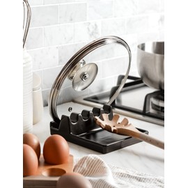 LE TAUCI Ceramic Spoon Rest for Stove Top, Spoon and Lid Rest for Kitchen Counter, Spoon Holder with Drip Pad for Multiple Utensils, Heat-Resistant, Housewarming Present - 6.2 inch, Set of 1, Black