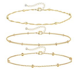 YANODA 3Pcs Gold Ankle Bracelets for Women Dainty 14k Gold Plated Layering Anklets Set Adjustable Fashion Bead Link Chain Ankle Bracelet Adjustable Beach Foot Jewelry Gifts for Women