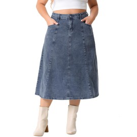 Agnes Orinda Women's Plus Size Denim Skirts Vintage High Waist with Pockets A-Line Midi Jean Skirt Grey Blue 3X