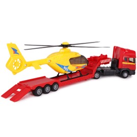 Toyland Scania Flatbed Hauler with Helicopter - 1:48 Scale - Free Wheel - Transport Vehicle Toys - Vehicle Collectables - Boys Toys (Red Truck/White Helicopter)