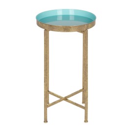 Kate and Laurel Celia Round Foldable Tray Accent Table, 14" x 14" x 25.75", Light Teal and Gold, Modern Minimalist Design and Magnetic Tabletop