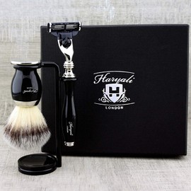 Haryali London Gold Antique Design Men's Shaving Set 3 Edge Shaving Razor, Shaving Stand, Shaving Brush and Alum Pencil