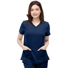 NY Threads Scrubs for Women V-Neck Top Soft Stretch with Pockets, Large, Navy