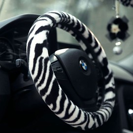 Follicomfy Fluffy Zebra Plush Steering Wheel Cover for Women/Girls/Ladies, Soft Fur Steering Cover for Winter Warm, Universal 15 inch, Black White