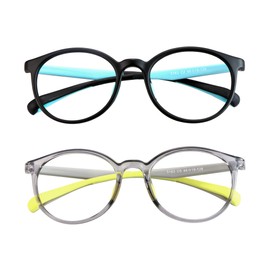 LAMBBAA Kids Blue Light Blocking Glasses 2 Pairs Round Frame UV400 Protection Anti Blue Ray Computer Glasses Anti Glare Eyewear for Boys Girls Age 3-12 (Black Blue+Grey Yellow)