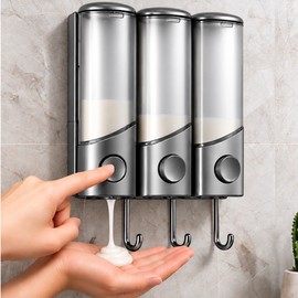 Wall Mounted Shampoo and Conditioner Dispenser with Hooks, 3-Compartment Refillable Shower Soap Dispenser, No-Drill Bathroom Organizer for Shampoo, Conditioner and Body Wash