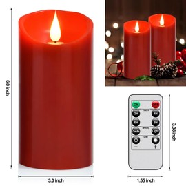 Nancia Flameless Battery Operated Flicking Candles:Remote Control Realistic Wax Pillar LED Candle with 10-Key Cycling 24 Hours Timer for Home Decoration Wedding Birthday Party Ivory 2PACK Red