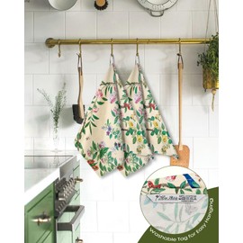 Miss Adola Flour Sack Kitchen Towels - Set of 2 Spring Dish Towels with Hanging Loop 18x26 Inch Absorbent Reusable Cotton Cloths for Cleaning Cute Design Home Decorative Housewarming, Leaf Flower Bird