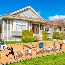 College Basketball Party Decorations Banner, 9.8 * 1.6 FT Let the Madness Begin Yard Banner Decorations, Basketball Theme Party Supplies for Classroom, Basketball Party Decorations Outdoor