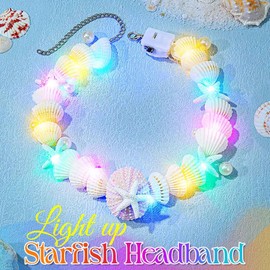 CAKURE Light Up Seashell Headbands Chain Led Starfish Head Chain Mermaid Hair Accessories for Women (a-starfish&shell, one size)