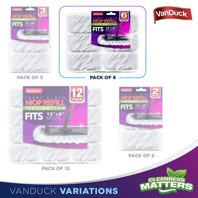 VanDuck 100% Cotton Terry Cloth Mop Pads 15x8 Inch 6-Pack