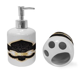 Ambesonne Fleur De Lis Soap Dispenser & Toothbrush Holder Set, Royal Lily France Empire Family Insignia Design Image, Ceramic Bathroom Toiletry Accessories, 2 Pcs, Yellow Black White