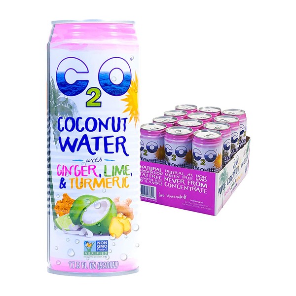 C2O Pure Coconut Water with Ginger, Lime & Turmeric | Plant Based | Non-GMO | No Added Sugar | Essential Electrolytes | 17.5 FL OZ (Pack of 12)