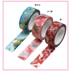 Kamiiso GR-0508 Japanese Washi Masking Tape, Kimono Beauty 3 Rolls (Crane, Origin Crane, Mt. Fuji), Set, Width 0.6 inches (15 mm) x 26.6 ft (7 m) Rolls, Japanese Pattern, Design Tape, Remake