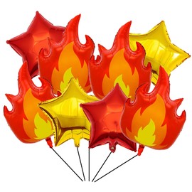 8PCS 32 Inch Fire Balloons Large Flame Balloons Aluminum Foil With Red Gold Star Mylar balloons Fire Decorations Curve Foil Firefighter Party Favors Fireman Theme Party