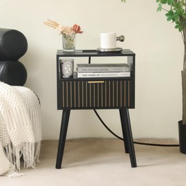 Black Nightstand with Charging Station, Mid Century Modern Bedside Table with Open Shelf and Storage Drawer, End Table with Solid Wood Legs, Black