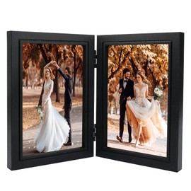 Rairsky Double Picture Frame 4x6, Hinged Folding Picture Frame, Holds 2 Standard Black Photo Frames with Glass Front, Stand Vertical on Desktop 4x6 Picture Frames for Wedding or Family Photo