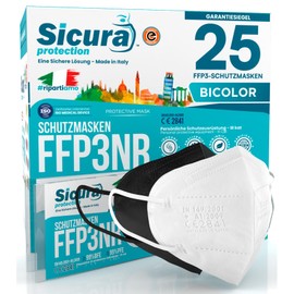 25 FFP3 Masks CE Certified Black and White Made in Italy BFE ≥99% PFE ≥99% Logo Print SICURA Italian Sanitised and Individually Sealed FFP3 Mask 12 White + 13 Black