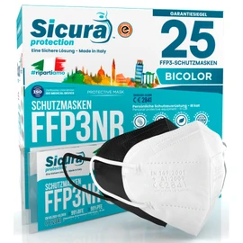 25 FFP3 Masks CE Certified Black and White Made in Italy BFE ≥99% PFE ≥99% Logo Print SICURA Italian Sanitised and Individually Sealed FFP3 Mask 12 White + 13 Black