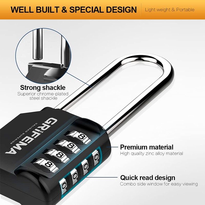 GRIFEMA GA1002 4 Digit Combination Padlock, Long Shackle Padlocks Outdoor