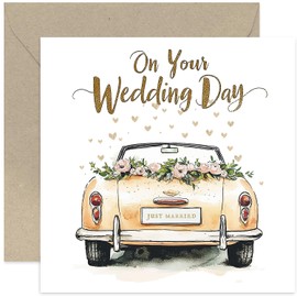 Wedding Day Greeting Cards for Bride and Groom - Modern Design Featuring Gold Wedding Card with Flowers and Hearts - Luxury Gifts for Newly Weds - Mr and Mrs, Husband and Wife - Blank Inside