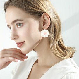 JOONL Handmade Resin Rose Flower Dangle Drop Earrings Camellia Leverback Earring for Women (White)