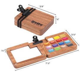 SoHo Urban Artist Mini Wooden Travel Watercolor Set of 15 Metallic Paints - Professional Watercolor Paint Set for Plein Air Artists, Semi-Moist Pans, Pocket-Sized Magnetic Wood Case with Mixing Area
