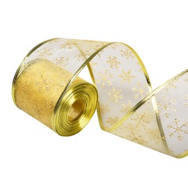 NAUZE 6 Yards Gold Christmas Ribbon Snowflake Wired Ribbon Glitter Tulle Decorative Ribbon Christmas Glitter Sparking Ribbons for Christmas Tree Decoration Bows DIY Crafts, 6.3cm Wide (Gold)