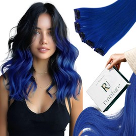 RUNATURE Clip in Hair Extensions Human Hair Blue Seamless Clip in Hair Extensions for Women 14 Inch 25g Blue Hair Extensions Real Human Hair Blue Straight Clip in Extensions with Lace Base 5pcs