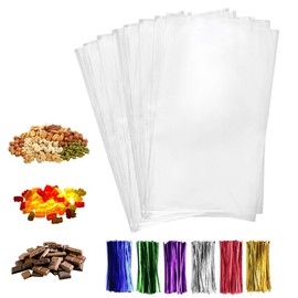 200 Pcs 4x9 Clear flat Cello/Cellophane Treat Bags for Gift Wrapping, Bakery, Cookie, Candies, Dessert, Party Favors Packaging, with color Twist Ties!