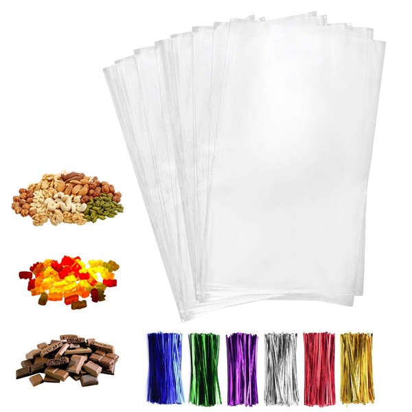 200 Pcs 4x9 Clear flat Cello/Cellophane Treat Bags for Gift Wrapping, Bakery, Cookie, Candies, Dessert, Party Favors Packaging, with color Twist Ties!