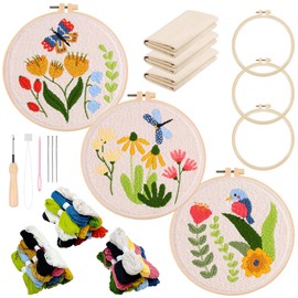 Allazone Punch Needle Embroidery Set for Beginners, 3 Pieces Punch Needle Embroidery Starter Kit with Butterflies and Birds Pattern, DIY Punch Needle Kit with Embroidery Hoop, Punch Needle Fabric,