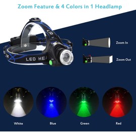 TotaLohan 4 in 1 Multicolor Headlamp 800 Lumen Zoomable One Mode White Red Green Blue Light, Hunting Headlight