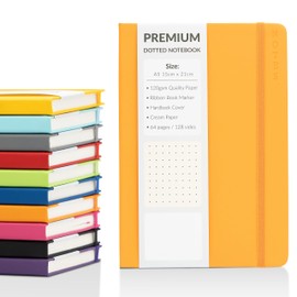 Bullet Journal A5 Dotted Notebook with Faux Leather Hardback Cover and Premium 120gsm Thick Dot Grid Paper (128 Cream Pages, Orange)