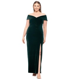 Xscape Women's Plus Size Long Velvet Off-The-Shoulder Gown with Leg Slit and Center Back Zipper, Hunter, 18
