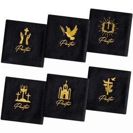 6 Pcs Pastor Black Hand Towels Christian Church Clergy Cotton Embroidered Towels 13.4 Inch Men Women Pastor Appreciation Gifts for Easter Father's Day Birthday Gifts Bathroom Kitchen