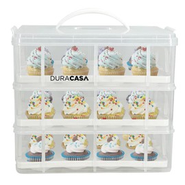 DuraCasa Cupcake Carrier, Cupcake Holder | Premium Upgraded Model Holds Cupcakes Steadier | Store up to 36 Cupcakes or Muffins | Stacking Cupcake Storage Container | Use 1,2, or 3 Tiers (White)