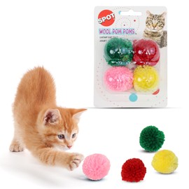 SPOT Wool Pom Poms Cat Toy - Interactive Wool Balls Cat Toy with Catnip for Cats and Kittens to Bite, Swat and Chase - 1.5 inch, 4 pcs