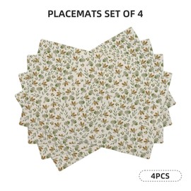 Spring Daisy Floral Placemats 12x18 Inch Set of 4, Sage Green Beige Vintage Table Place Mat Block Print Linen Washable Table Mats Decorative Linen Fabric Table Mat for Dining Table