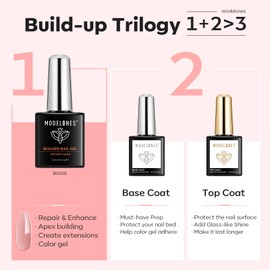 modelones 8 in One Builder Gel und Base Coat Top Coat Gel UV LED Nagellack Set 3 x 15ml, Rubber Base UV Nagellack für Modellage und Strengthener Extension Gelnägel Maniküre Nageldesign Nude Rosa