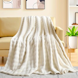 KOIUEYW White Cuddly Blanket, Warm Cuddly Sofa Blanket, Cuddly Couch Blanket, Fluffy Blanket, Striped Design, Cuddly Blanket for Sofa, Wool Blankets for Couch, 48 x 48 cm