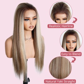 Style Icon Yaki Straight Lace Front Wig 24 Inches Brown Blonde Highlight 13x4 Lace YAKI Straight Synthetic Hair Free Part Wig For Women (Color: NTSA10/23B/613C)