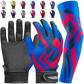 Exxact Sports Youth Batting Gloves with Arm Sleeve for Boys & Girls, Kids Baseball Batting Gloves for Softball, T-Ball (Youth L/XL, Royal Blue Tattoo)