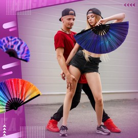 Pinkunn 10 Pcs Large Rave Hand Fan Folding Fan with Bamboo Ribs and Case Craft Rave Fans Rainbow Hand Fan for Drag Queen Dance Music Festival Party Performance and Gifts, 10 Styles, 25"