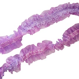YOOGCORETT 3 Yards Purple 2 Layers Pleated Chiffon Elastic Lace Ruffle Trim Chiffon Ribbon Applique Sewing for Wedding Bridal Dress Clothes Decorations Sewing Supplies DIY Craft Handmade 1.5 Inch