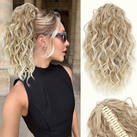 VEGALILY 12 inch Hair Extensions Clip in Medium Brown Mix Bleach Blonde Ponytail extension Short Curly Claw Clip Ponytail Synthetic Drawstring ponytail Hair Pieces for Women for Daily Use