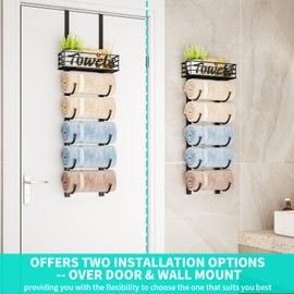 HapiRm 6-Tier Over The Door Towel Racks for Bathroom - Wall Mount Towel Holder with Metal Shelf Basket - Rolled Towel Storage Door Hanging Bath Towel Organizer for Small Bathroom, Camper, Rv - Black