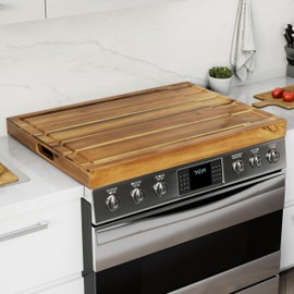 BLUEWEST Noodle Board Stove Cover with Handles, 3 in 1 Wood Stove Top Covers Board for Gas Burners and Electric Stove, Wooden RV Stovetop Cover, Tray for Kitchen Counter Space with Juice Grooves